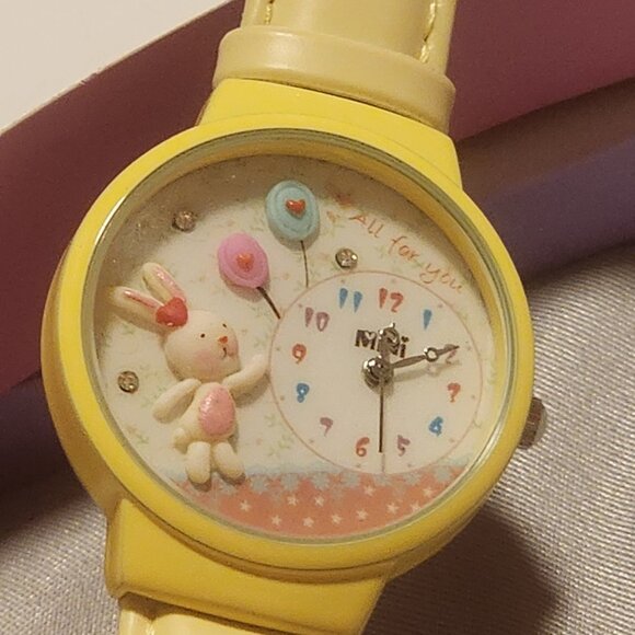Mini Brand Handcrafted Watch - Bunny with Balloons Theme with Yellow Band - Picture 2 of 5